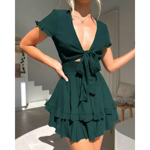 imagePRETTYGARDEN Womens 2023 Summer Swing Mini Dress Tie Front V Neck Short Sleeve Ruffle Layer ALine Short DressDark Green