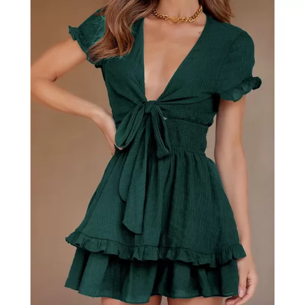 imagePRETTYGARDEN Womens 2023 Summer Swing Mini Dress Tie Front V Neck Short Sleeve Ruffle Layer ALine Short DressDark Green