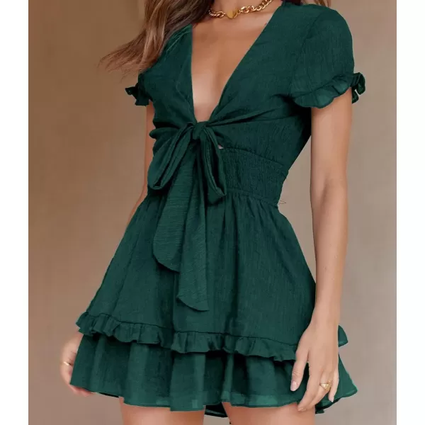 imagePRETTYGARDEN Womens 2023 Summer Swing Mini Dress Tie Front V Neck Short Sleeve Ruffle Layer ALine Short DressDark Green