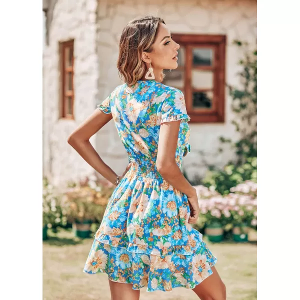 imagePRETTYGARDEN Womens 2023 Summer Swing Mini Dress Tie Front V Neck Short Sleeve Ruffle Layer ALine Short DressFloral Blue