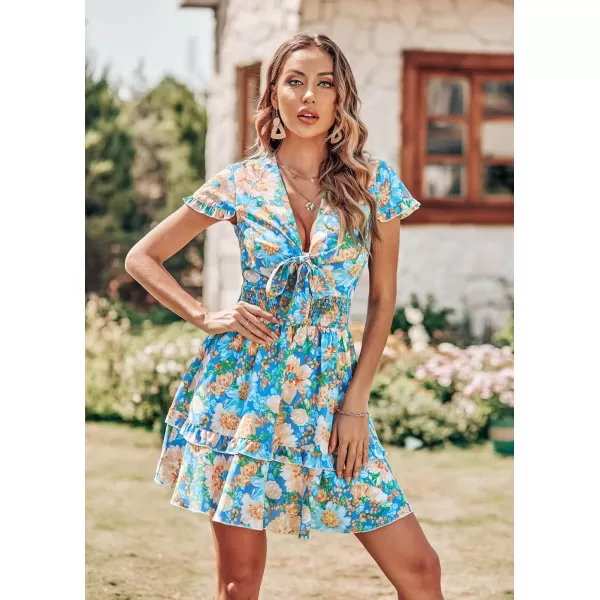 imagePRETTYGARDEN Womens 2023 Summer Swing Mini Dress Tie Front V Neck Short Sleeve Ruffle Layer ALine Short DressFloral Blue