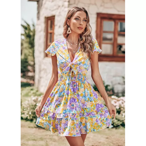 imagePRETTYGARDEN Womens 2023 Summer Swing Mini Dress Tie Front V Neck Short Sleeve Ruffle Layer ALine Short DressFloral Orange