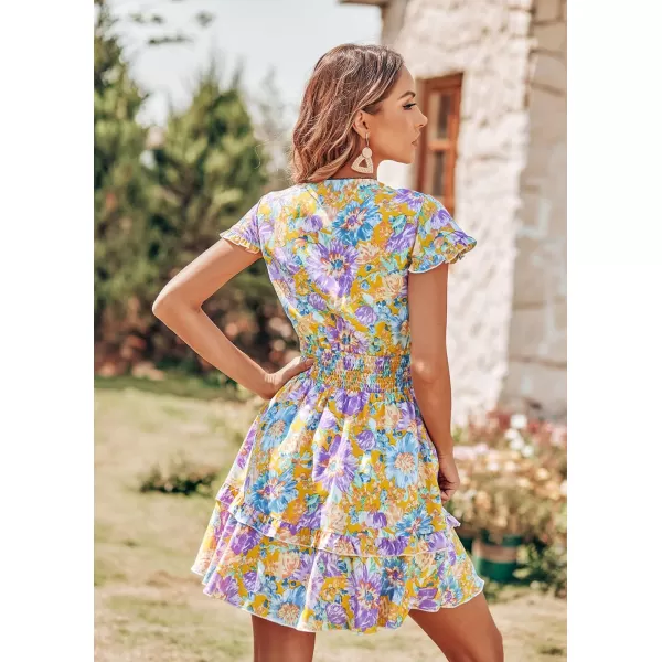 imagePRETTYGARDEN Womens 2023 Summer Swing Mini Dress Tie Front V Neck Short Sleeve Ruffle Layer ALine Short DressFloral Orange