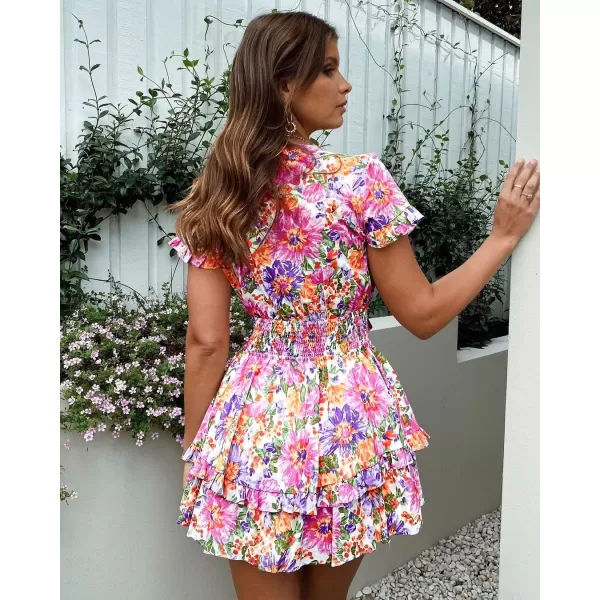 imagePRETTYGARDEN Womens 2023 Summer Swing Mini Dress Tie Front V Neck Short Sleeve Ruffle Layer ALine Short DressFloral White