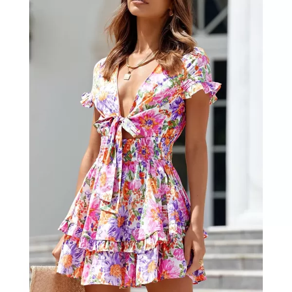 imagePRETTYGARDEN Womens 2023 Summer Swing Mini Dress Tie Front V Neck Short Sleeve Ruffle Layer ALine Short DressFloral White