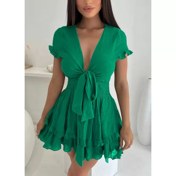 imagePRETTYGARDEN Womens 2023 Summer Swing Mini Dress Tie Front V Neck Short Sleeve Ruffle Layer ALine Short DressGreen