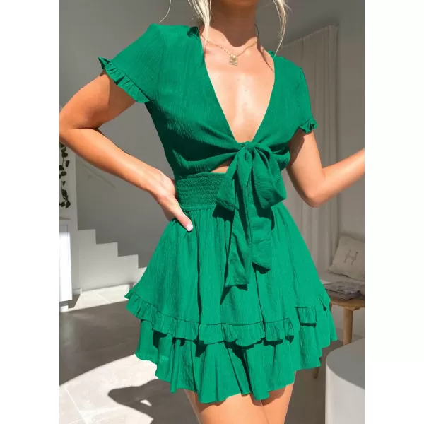 imagePRETTYGARDEN Womens 2023 Summer Swing Mini Dress Tie Front V Neck Short Sleeve Ruffle Layer ALine Short DressGreen