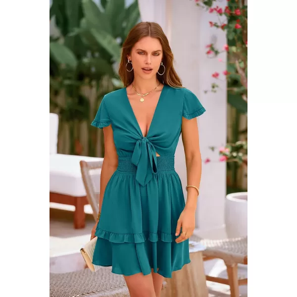 imagePRETTYGARDEN Womens 2023 Summer Swing Mini Dress Tie Front V Neck Short Sleeve Ruffle Layer ALine Short DressLake Blue