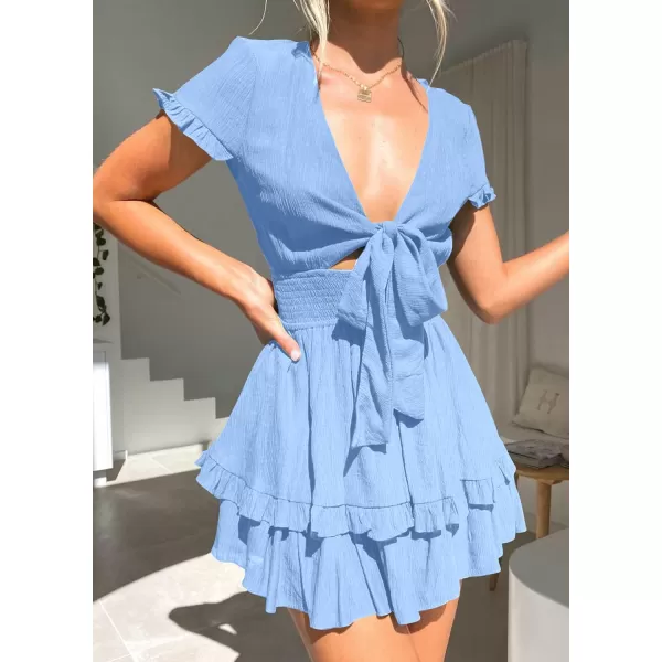 imagePRETTYGARDEN Womens 2023 Summer Swing Mini Dress Tie Front V Neck Short Sleeve Ruffle Layer ALine Short DressLight Blue