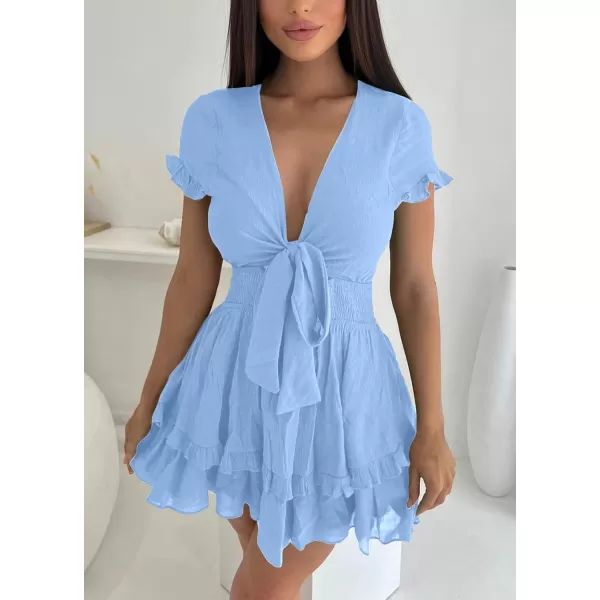 imagePRETTYGARDEN Womens 2023 Summer Swing Mini Dress Tie Front V Neck Short Sleeve Ruffle Layer ALine Short DressLight Blue