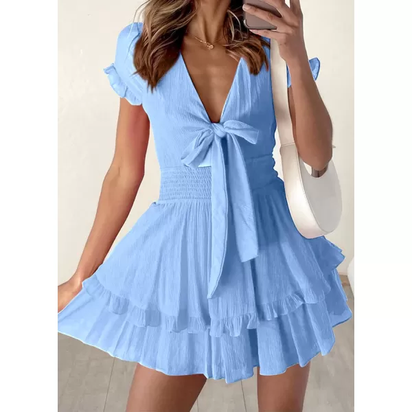 imagePRETTYGARDEN Womens 2023 Summer Swing Mini Dress Tie Front V Neck Short Sleeve Ruffle Layer ALine Short DressLight Blue