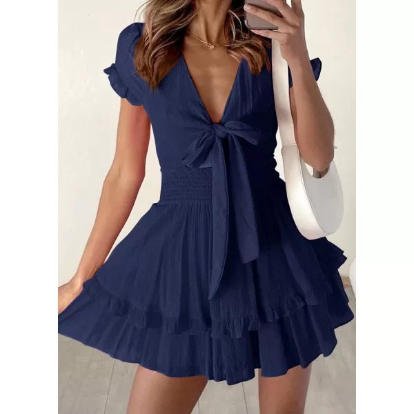 imagePRETTYGARDEN Womens 2023 Summer Swing Mini Dress Tie Front V Neck Short Sleeve Ruffle Layer ALine Short DressNavy