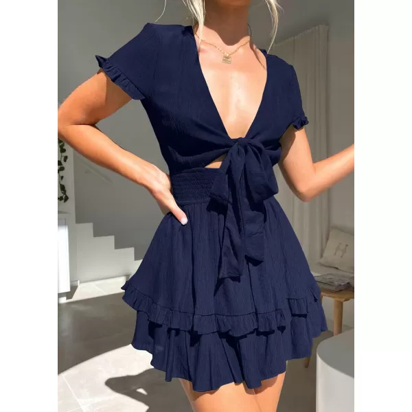 imagePRETTYGARDEN Womens 2023 Summer Swing Mini Dress Tie Front V Neck Short Sleeve Ruffle Layer ALine Short DressNavy