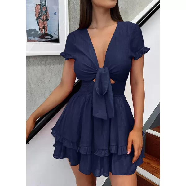 imagePRETTYGARDEN Womens 2023 Summer Swing Mini Dress Tie Front V Neck Short Sleeve Ruffle Layer ALine Short DressNavy