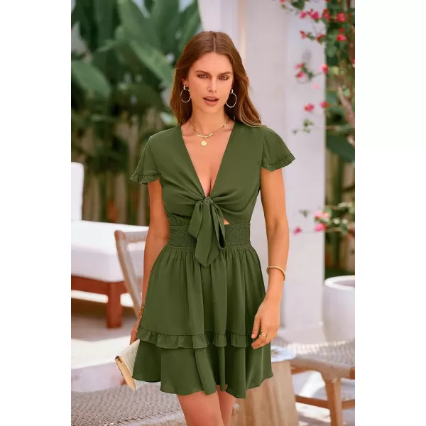 imagePRETTYGARDEN Womens 2023 Summer Swing Mini Dress Tie Front V Neck Short Sleeve Ruffle Layer ALine Short DressOlive Green