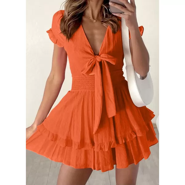 imagePRETTYGARDEN Womens 2023 Summer Swing Mini Dress Tie Front V Neck Short Sleeve Ruffle Layer ALine Short DressOrange