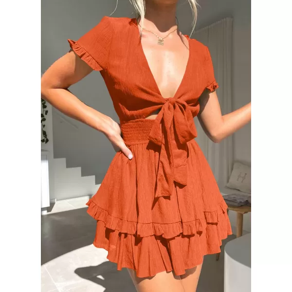 imagePRETTYGARDEN Womens 2023 Summer Swing Mini Dress Tie Front V Neck Short Sleeve Ruffle Layer ALine Short DressOrange