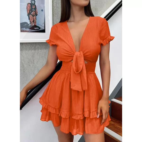 imagePRETTYGARDEN Womens 2023 Summer Swing Mini Dress Tie Front V Neck Short Sleeve Ruffle Layer ALine Short DressOrange