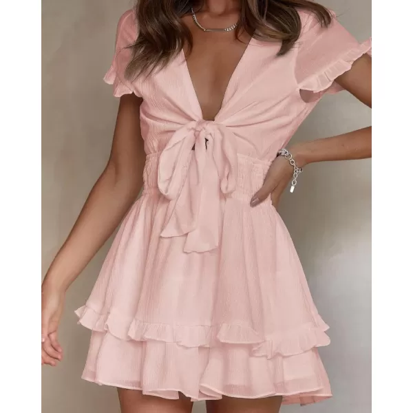 imagePRETTYGARDEN Womens 2023 Summer Swing Mini Dress Tie Front V Neck Short Sleeve Ruffle Layer ALine Short DressPink