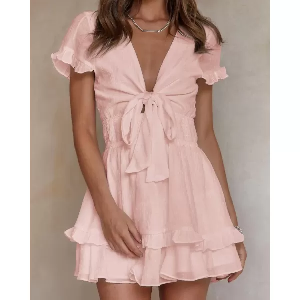 imagePRETTYGARDEN Womens 2023 Summer Swing Mini Dress Tie Front V Neck Short Sleeve Ruffle Layer ALine Short DressPink