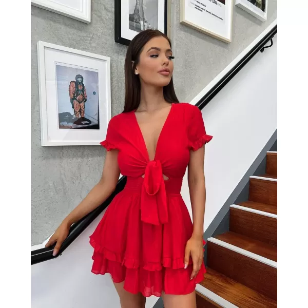 imagePRETTYGARDEN Womens 2023 Summer Swing Mini Dress Tie Front V Neck Short Sleeve Ruffle Layer ALine Short DressRed