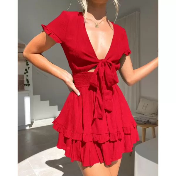 imagePRETTYGARDEN Womens 2023 Summer Swing Mini Dress Tie Front V Neck Short Sleeve Ruffle Layer ALine Short DressRed