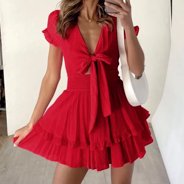imagePRETTYGARDEN Womens 2023 Summer Swing Mini Dress Tie Front V Neck Short Sleeve Ruffle Layer ALine Short DressRed