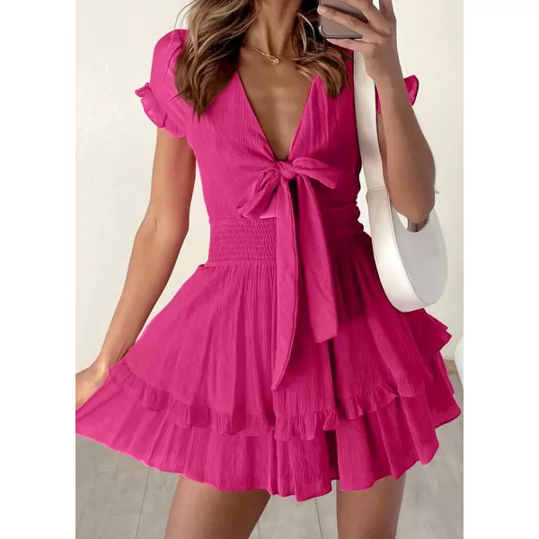 imagePRETTYGARDEN Womens 2023 Summer Swing Mini Dress Tie Front V Neck Short Sleeve Ruffle Layer ALine Short DressRose Red