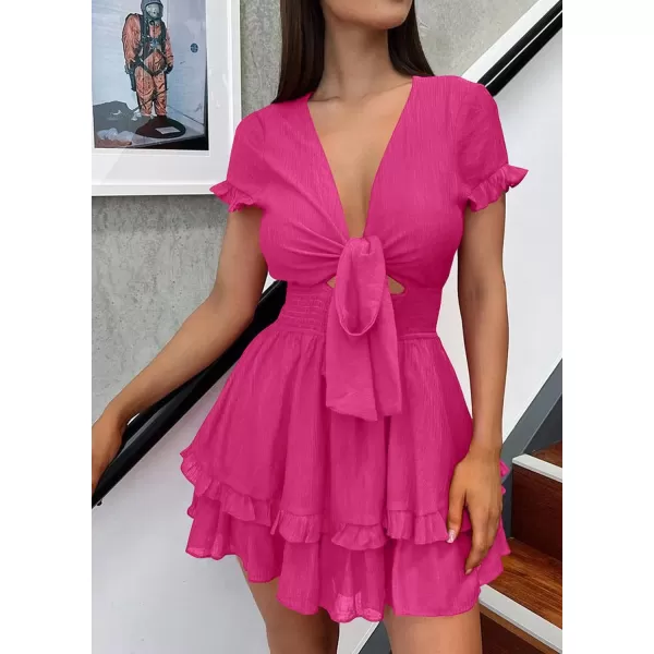imagePRETTYGARDEN Womens 2023 Summer Swing Mini Dress Tie Front V Neck Short Sleeve Ruffle Layer ALine Short DressRose Red