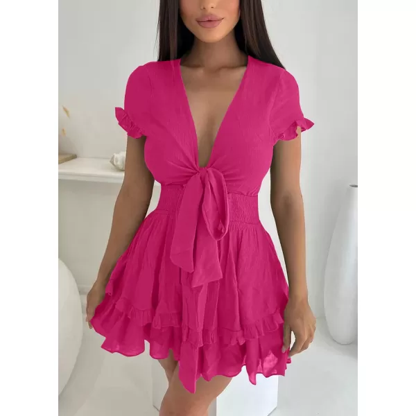 imagePRETTYGARDEN Womens 2023 Summer Swing Mini Dress Tie Front V Neck Short Sleeve Ruffle Layer ALine Short DressRose Red
