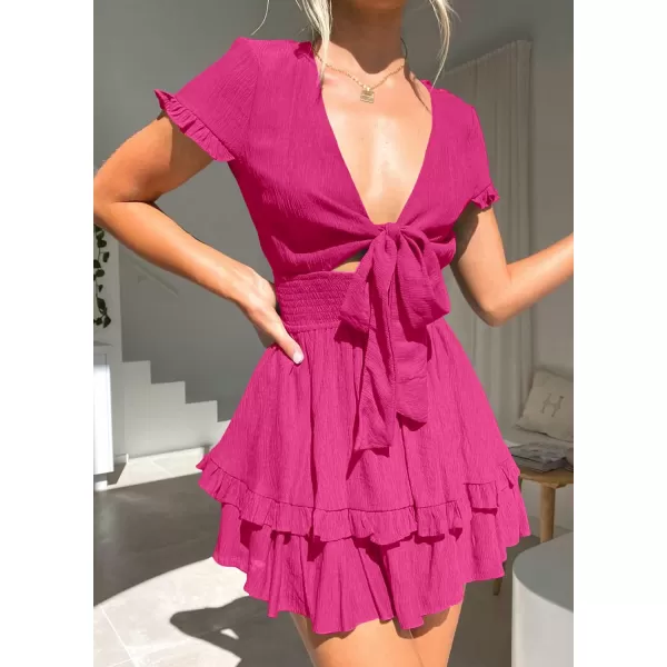 imagePRETTYGARDEN Womens 2023 Summer Swing Mini Dress Tie Front V Neck Short Sleeve Ruffle Layer ALine Short DressRose Red