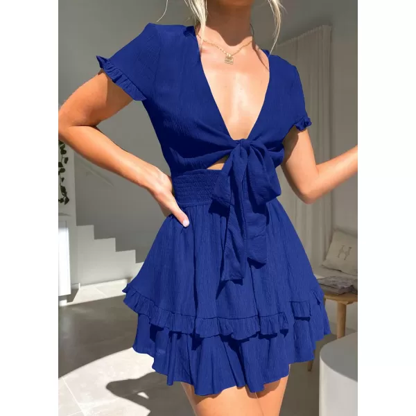 imagePRETTYGARDEN Womens 2023 Summer Swing Mini Dress Tie Front V Neck Short Sleeve Ruffle Layer ALine Short DressRoyal Blue