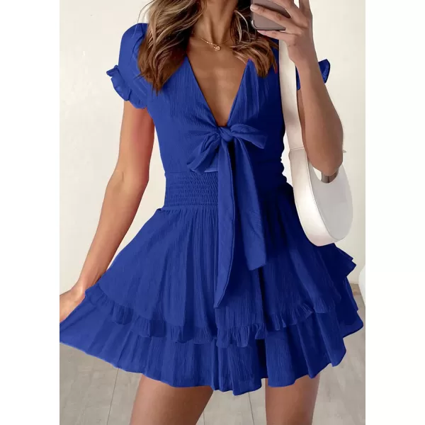 imagePRETTYGARDEN Womens 2023 Summer Swing Mini Dress Tie Front V Neck Short Sleeve Ruffle Layer ALine Short DressRoyal Blue