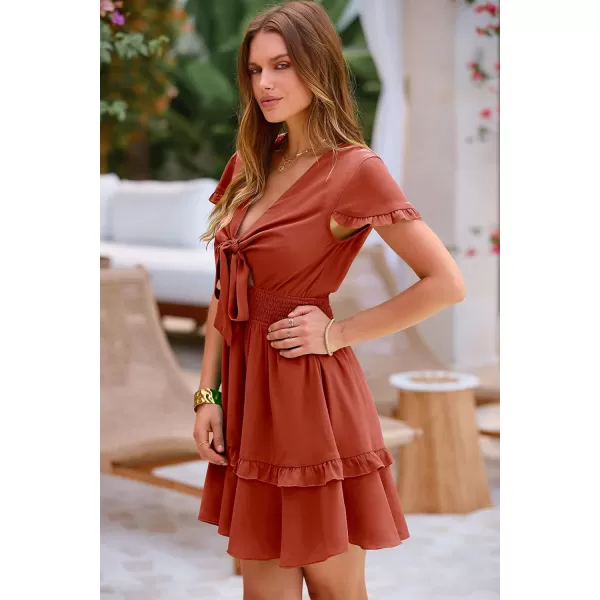 imagePRETTYGARDEN Womens 2023 Summer Swing Mini Dress Tie Front V Neck Short Sleeve Ruffle Layer ALine Short DressRust Red