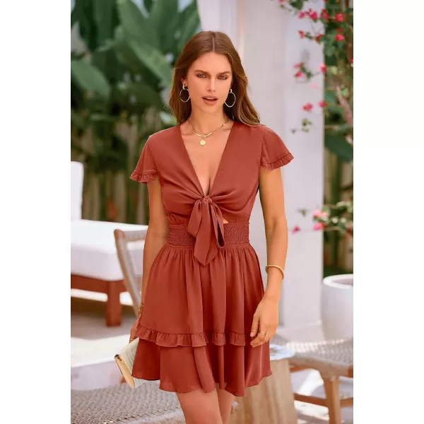 imagePRETTYGARDEN Womens 2023 Summer Swing Mini Dress Tie Front V Neck Short Sleeve Ruffle Layer ALine Short DressRust Red