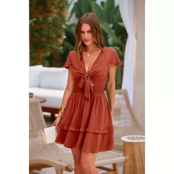 imagePRETTYGARDEN Womens 2023 Summer Swing Mini Dress Tie Front V Neck Short Sleeve Ruffle Layer ALine Short DressRust Red