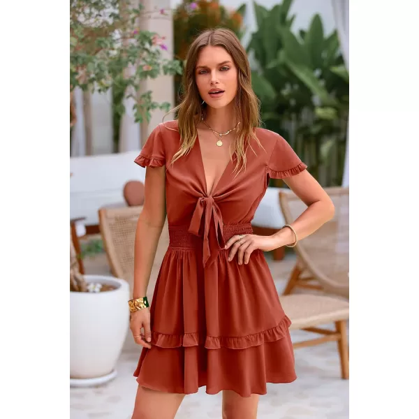 imagePRETTYGARDEN Womens 2023 Summer Swing Mini Dress Tie Front V Neck Short Sleeve Ruffle Layer ALine Short DressRust Red