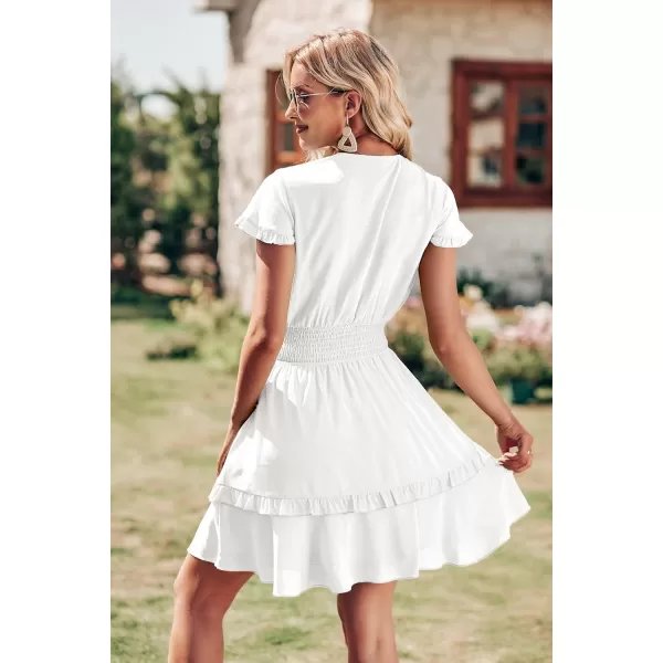 imagePRETTYGARDEN Womens 2023 Summer Swing Mini Dress Tie Front V Neck Short Sleeve Ruffle Layer ALine Short DressWhite