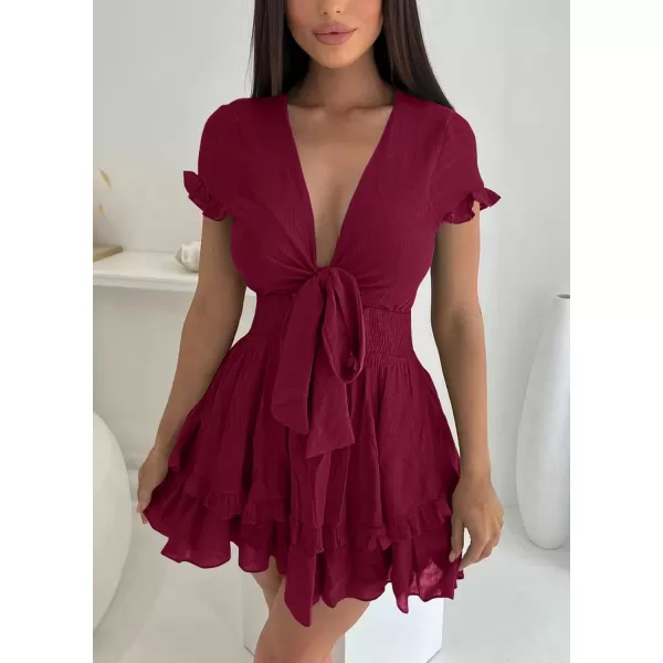 imagePRETTYGARDEN Womens 2023 Summer Swing Mini Dress Tie Front V Neck Short Sleeve Ruffle Layer ALine Short DressWine Red