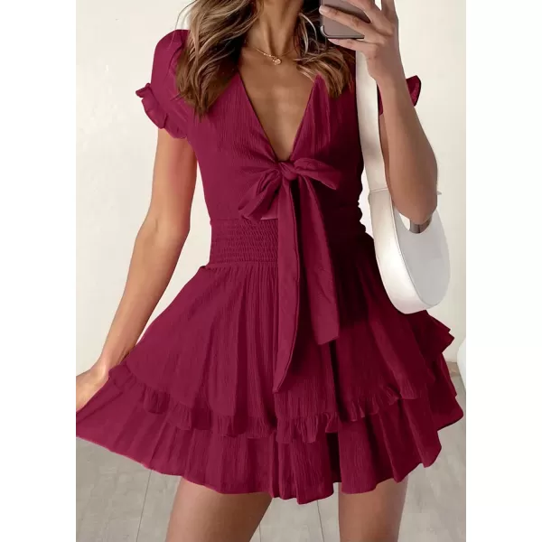 imagePRETTYGARDEN Womens 2023 Summer Swing Mini Dress Tie Front V Neck Short Sleeve Ruffle Layer ALine Short DressWine Red