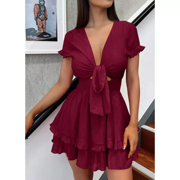 imagePRETTYGARDEN Womens 2023 Summer Swing Mini Dress Tie Front V Neck Short Sleeve Ruffle Layer ALine Short DressWine Red