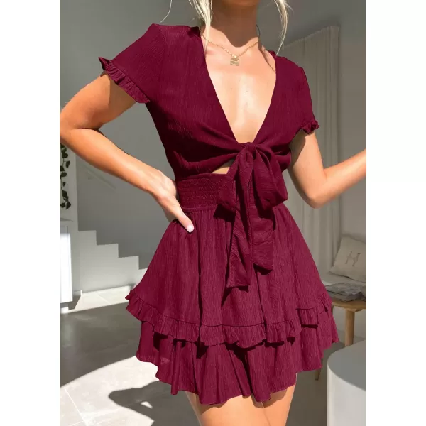 imagePRETTYGARDEN Womens 2023 Summer Swing Mini Dress Tie Front V Neck Short Sleeve Ruffle Layer ALine Short DressWine Red