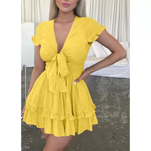 imagePRETTYGARDEN Womens 2023 Summer Swing Mini Dress Tie Front V Neck Short Sleeve Ruffle Layer ALine Short DressYellow