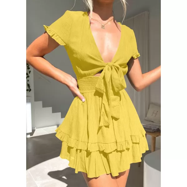 imagePRETTYGARDEN Womens 2023 Summer Swing Mini Dress Tie Front V Neck Short Sleeve Ruffle Layer ALine Short DressYellow