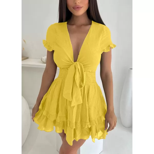 imagePRETTYGARDEN Womens 2023 Summer Swing Mini Dress Tie Front V Neck Short Sleeve Ruffle Layer ALine Short DressYellow