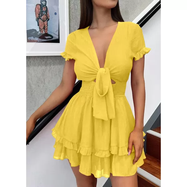 imagePRETTYGARDEN Womens 2023 Summer Swing Mini Dress Tie Front V Neck Short Sleeve Ruffle Layer ALine Short DressYellow