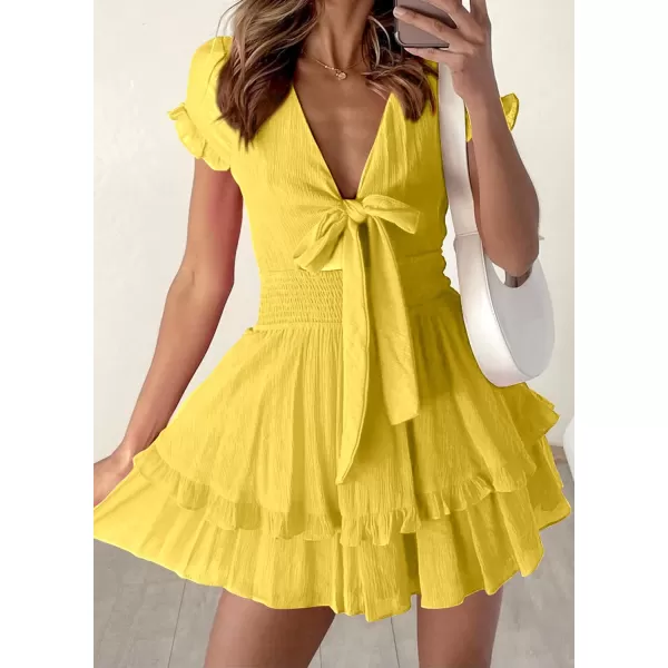 imagePRETTYGARDEN Womens 2023 Summer Swing Mini Dress Tie Front V Neck Short Sleeve Ruffle Layer ALine Short DressYellow