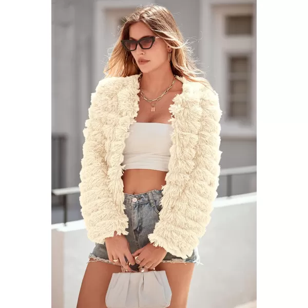 imagePRETTYGARDEN Womens 2023 Winter Coats Fashion Faux Fur Long Sleeve Fleece Shaggy Lightweight Fall Cropped Jacket OuterwearBeige Yellow