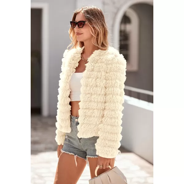 imagePRETTYGARDEN Womens 2023 Winter Coats Fashion Faux Fur Long Sleeve Fleece Shaggy Lightweight Fall Cropped Jacket OuterwearBeige Yellow