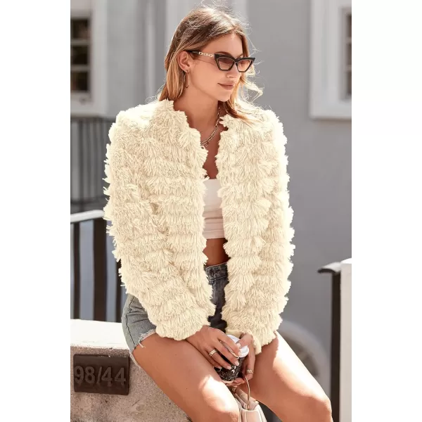 imagePRETTYGARDEN Womens 2023 Winter Coats Fashion Faux Fur Long Sleeve Fleece Shaggy Lightweight Fall Cropped Jacket OuterwearBeige Yellow